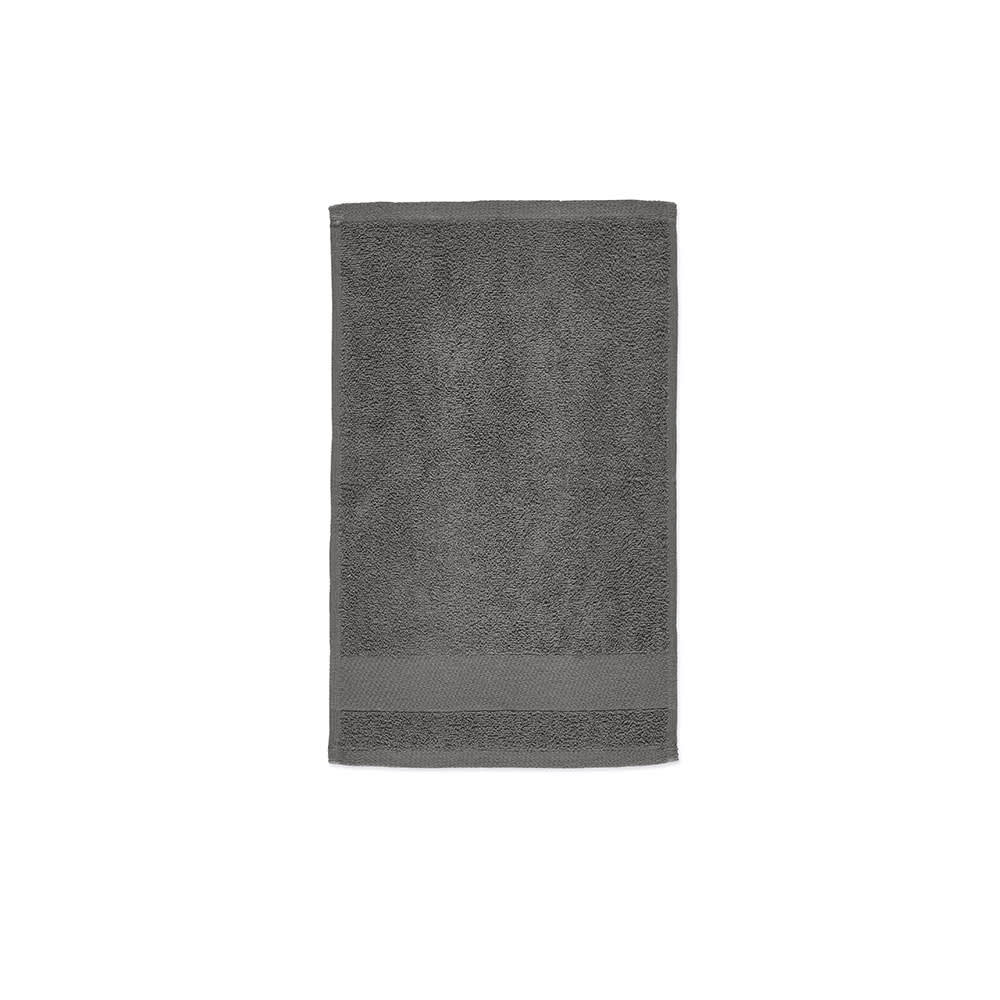 A grey cotton towel with a textured surface and a simple border design. It features a branding logo.