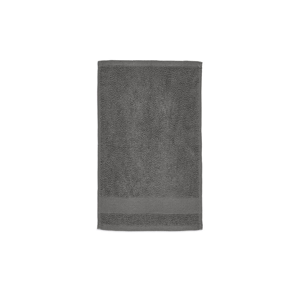 A grey cotton towel featuring a textured surface and a flat woven band at one end. It has a logo branding.
