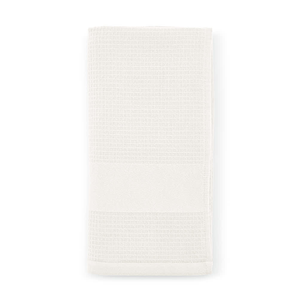 A white cotton towel with a textured finish, measuring 500 gsm, featuring a subtle striped band.