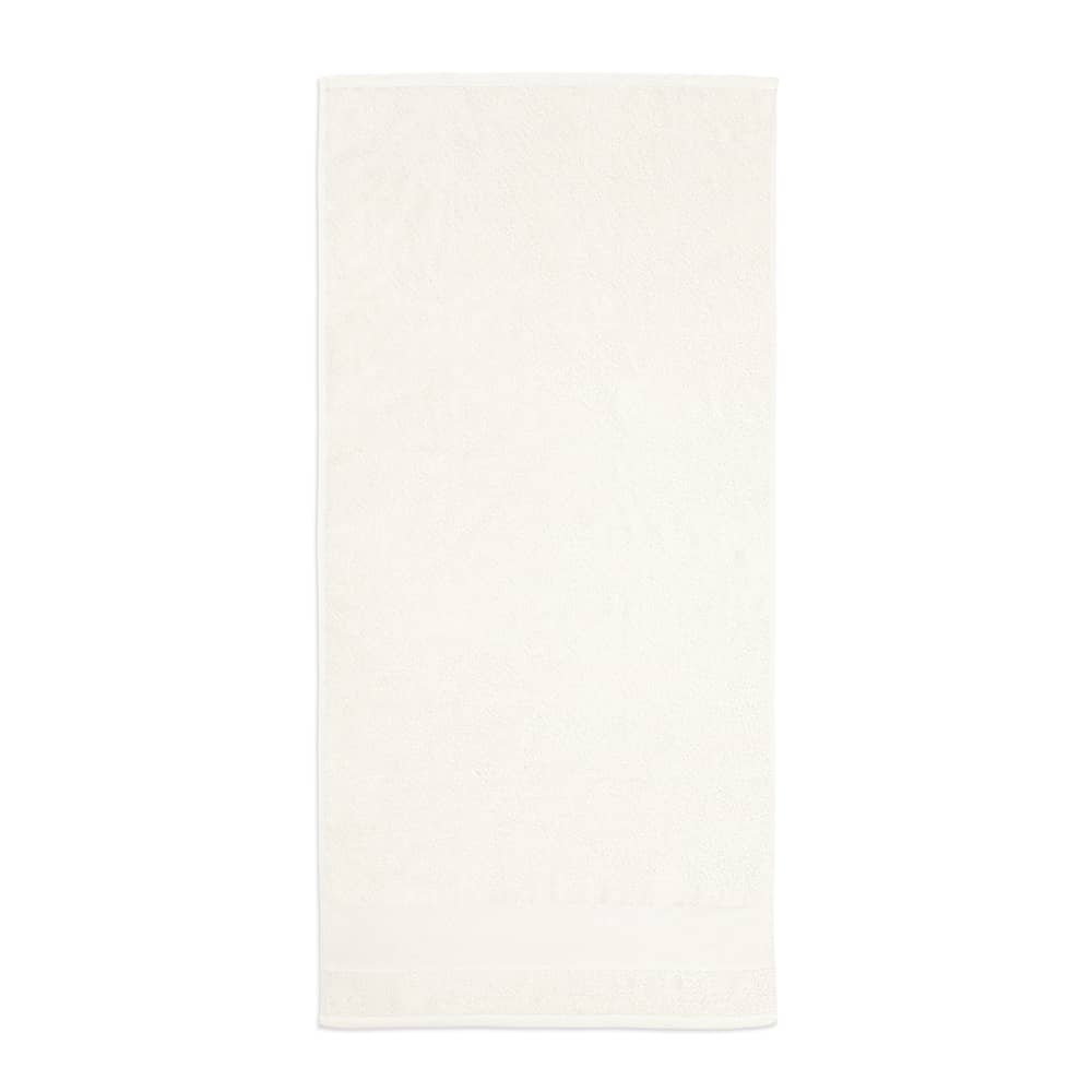 A white cotton towel with a plush texture, featuring a single logo on one side.