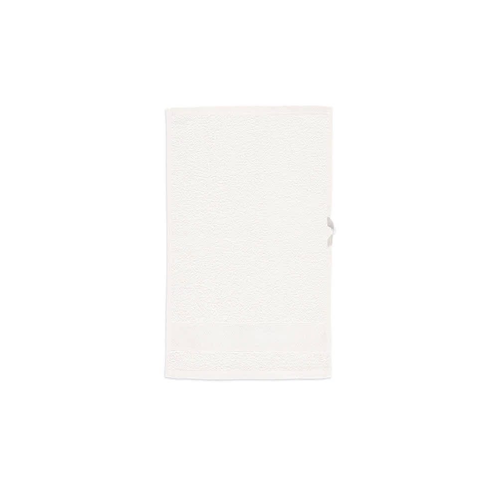 A white cotton towel with a textured surface, featuring a small logo on the side.