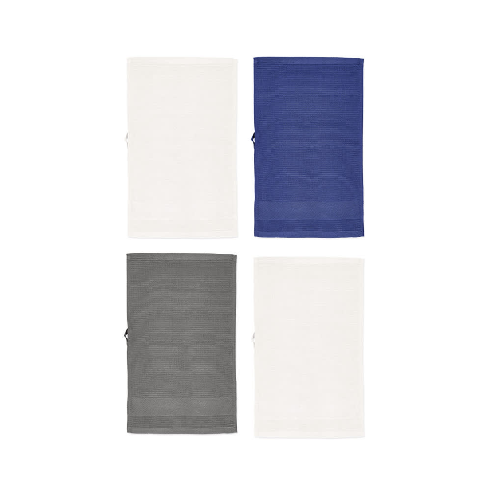 A set of four towels in white, navy blue, light grey, and dark grey, featuring a textured design and branding.