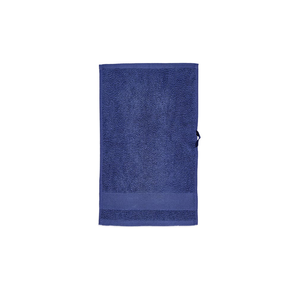 A navy blue towel with a textured surface, featuring a loop for hanging, made from 500 gsm cotton.