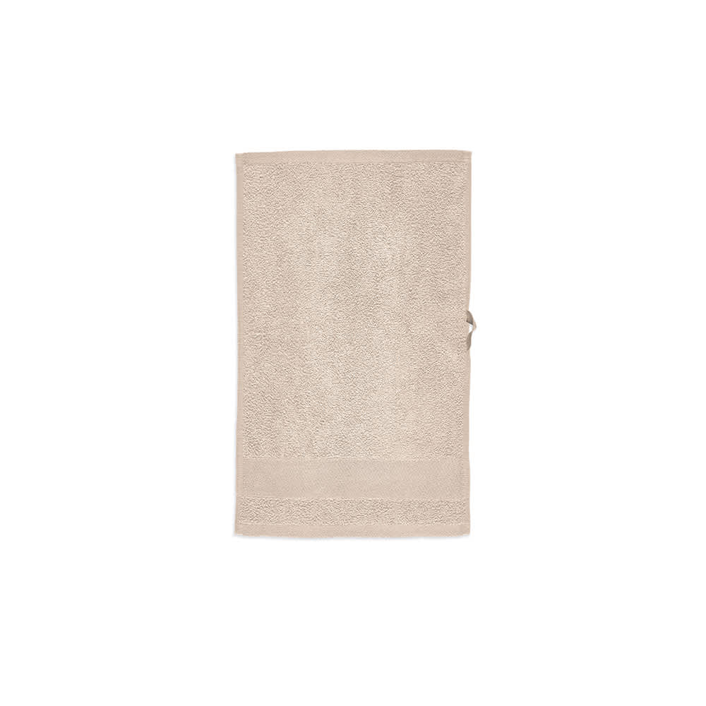 A cream-coloured cotton towel featuring a textured surface and a hanging loop. It has a logo.