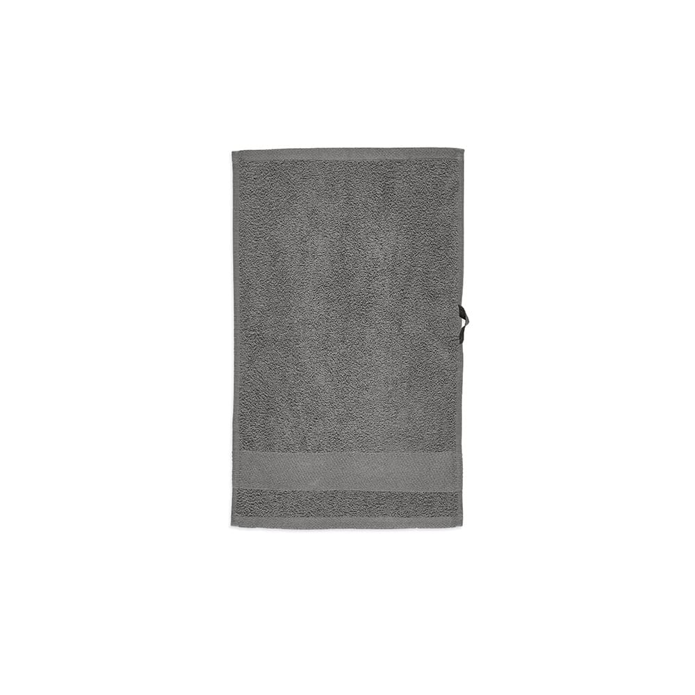 A grey bathroom towel made from cotton, featuring a textured surface and a small loop for hanging. It has a logo.