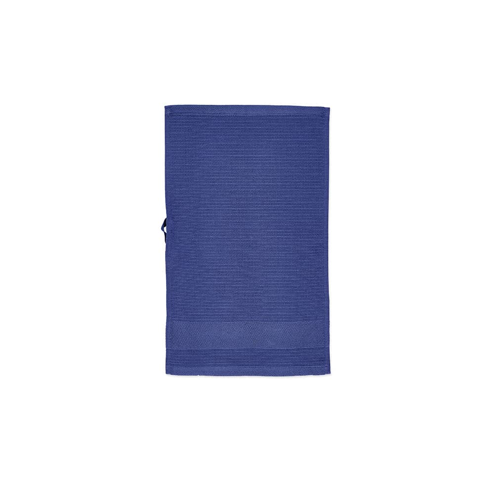 A purple towel featuring textured stripes, made of cotton with a loop for easy hanging. It has a branding logo.