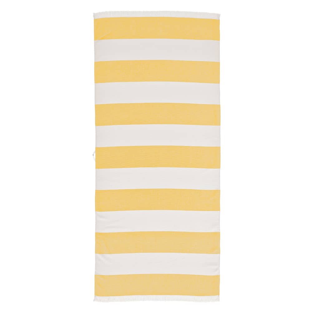 A striped towel in yellow and white, featuring a soft texture, made of 350gsm cotton and produced in Portugal.