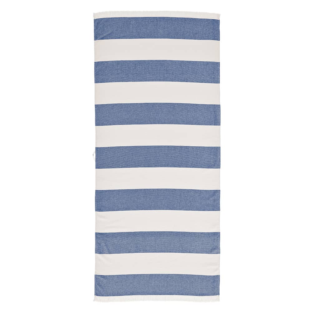 A striped towel in blue and white, made from cotton, featuring a logo. Designed for promotional use.