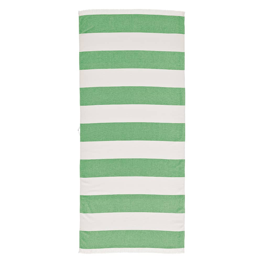 A green and white striped towel, featuring a textured fabric design, with a branding logo present. Made in Portugal.