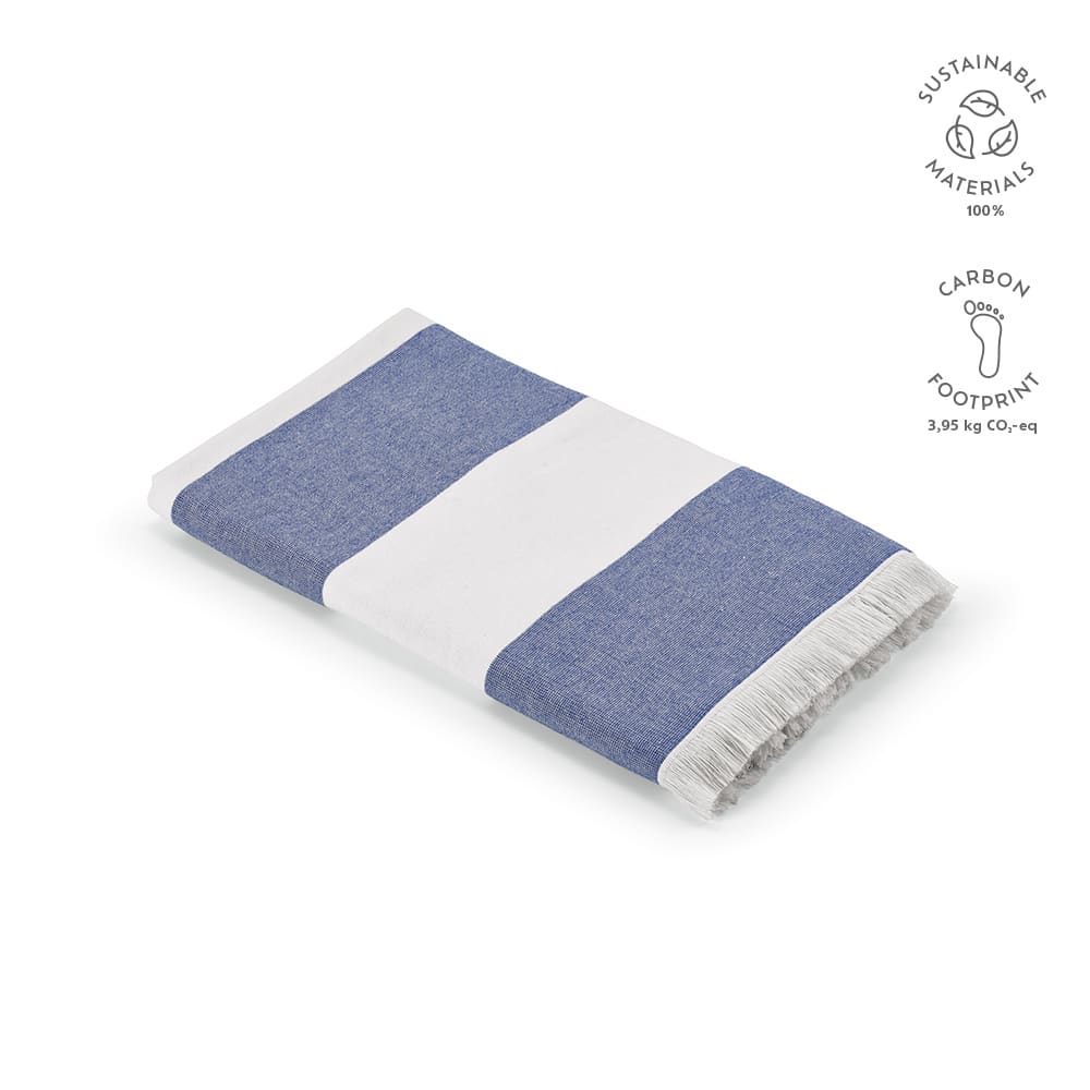 A folded towel featuring blue and white stripes with fringed edges, made from sustainable materials.