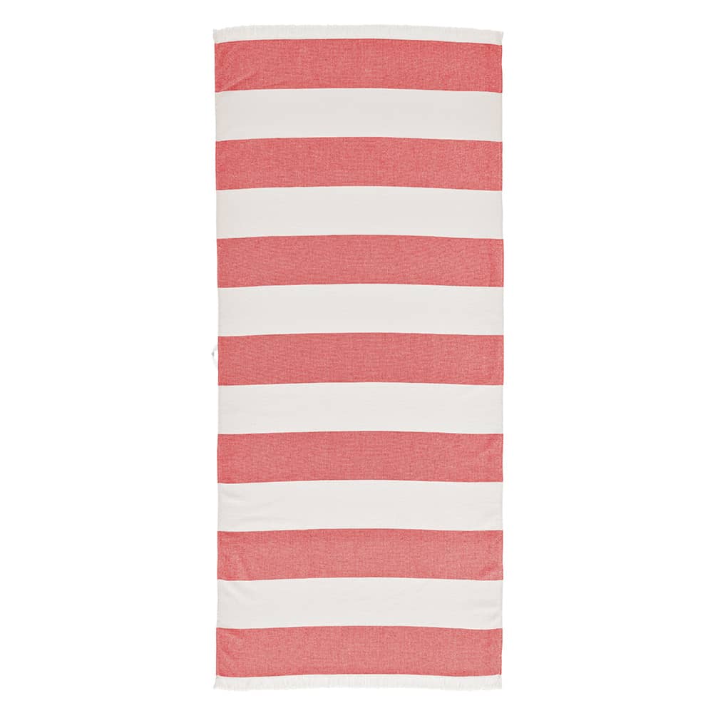 A striped towel featuring alternating red and white patterns, made from 350gsm cotton in Portugal.