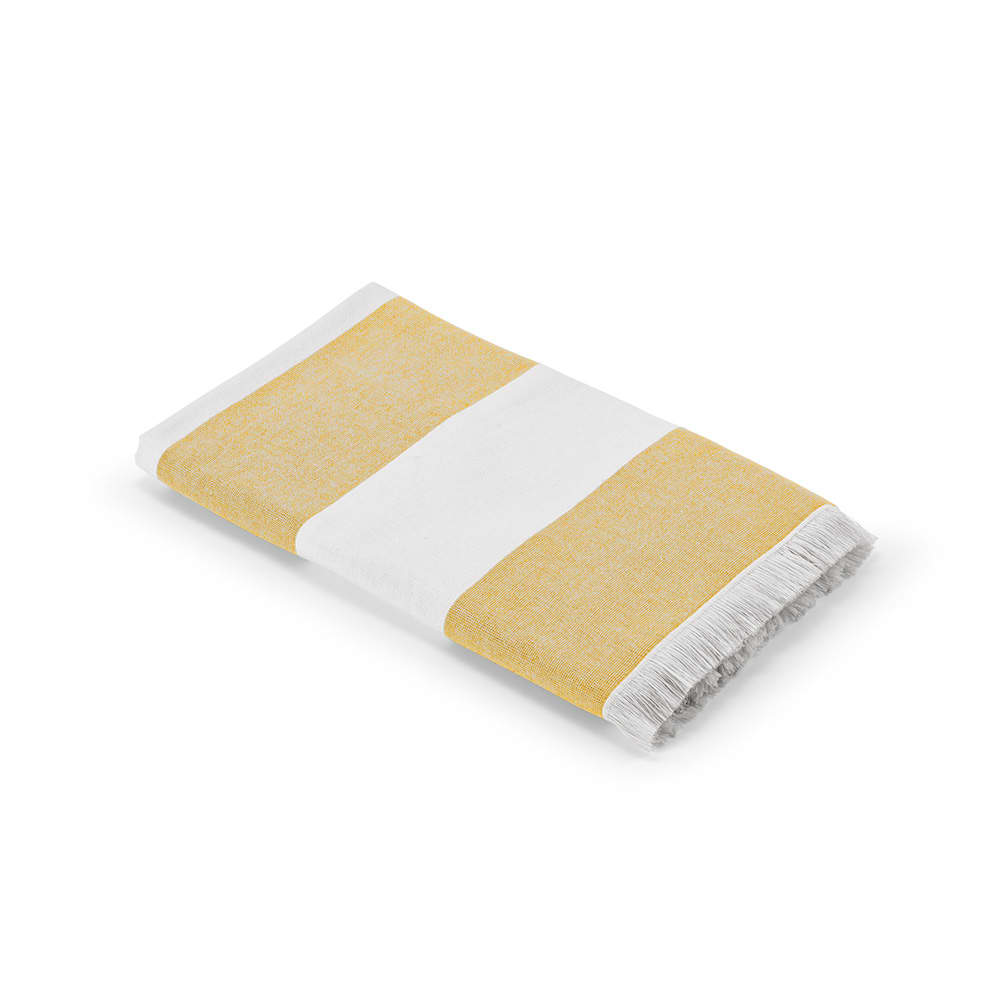 A folded towel featuring yellow and white stripes, with a fringed edge. Made from cotton and produced in Portugal.