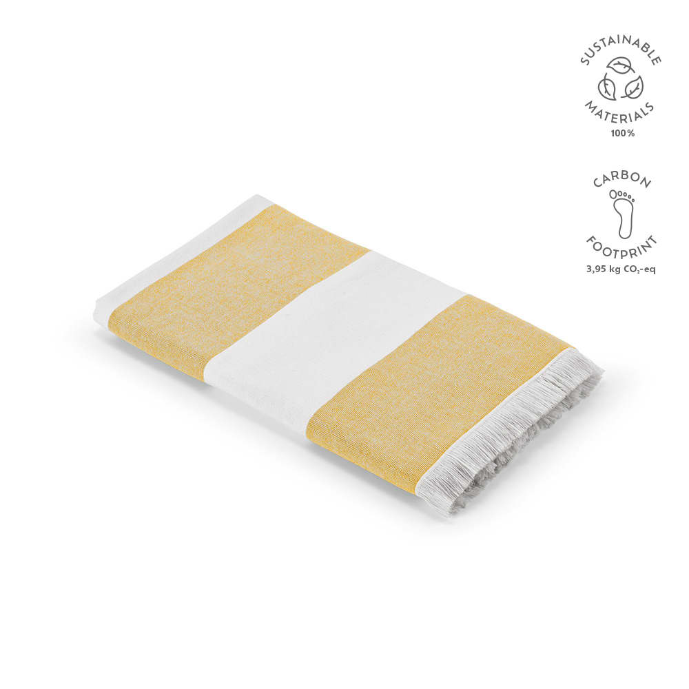 A folded towel with yellow and white stripes, featuring a frayed edge and a logo. Made from sustainable materials.