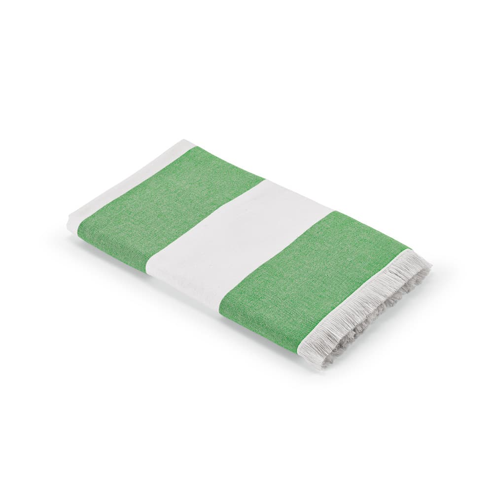 A green and white striped towel with fringed edges, made of cotton, featuring a logo.
