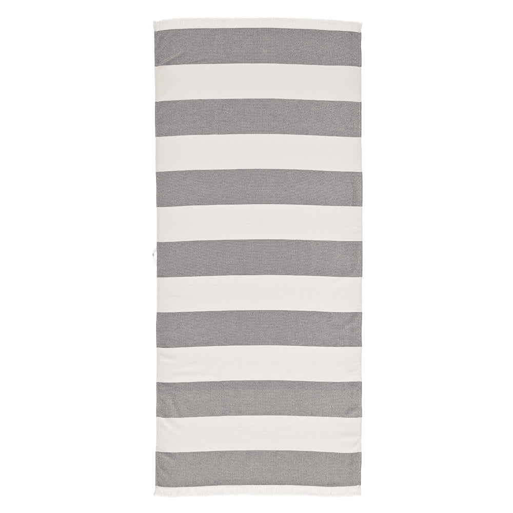 A striped towel in grey and white tones, featuring a logo, made of cotton with a 350gsm weight.