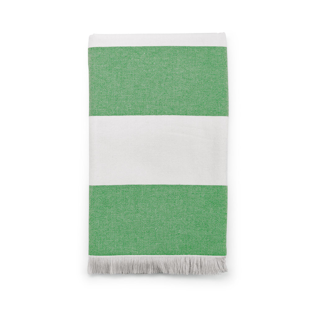 A green and white striped towel with fringed edges, made from 350gsm cotton in Portugal.