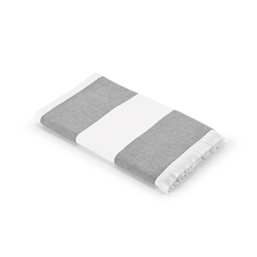 A cotton towel with grey and white stripes, featuring fringed edges. Made in Portugal.