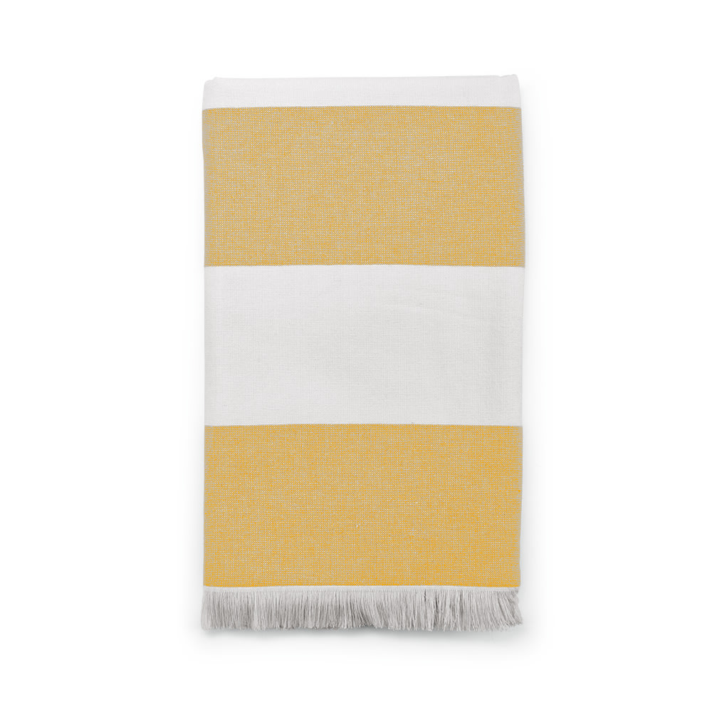 A cotton towel featuring alternating stripes of white and yellow, with fringed edges. Made in Portugal.
