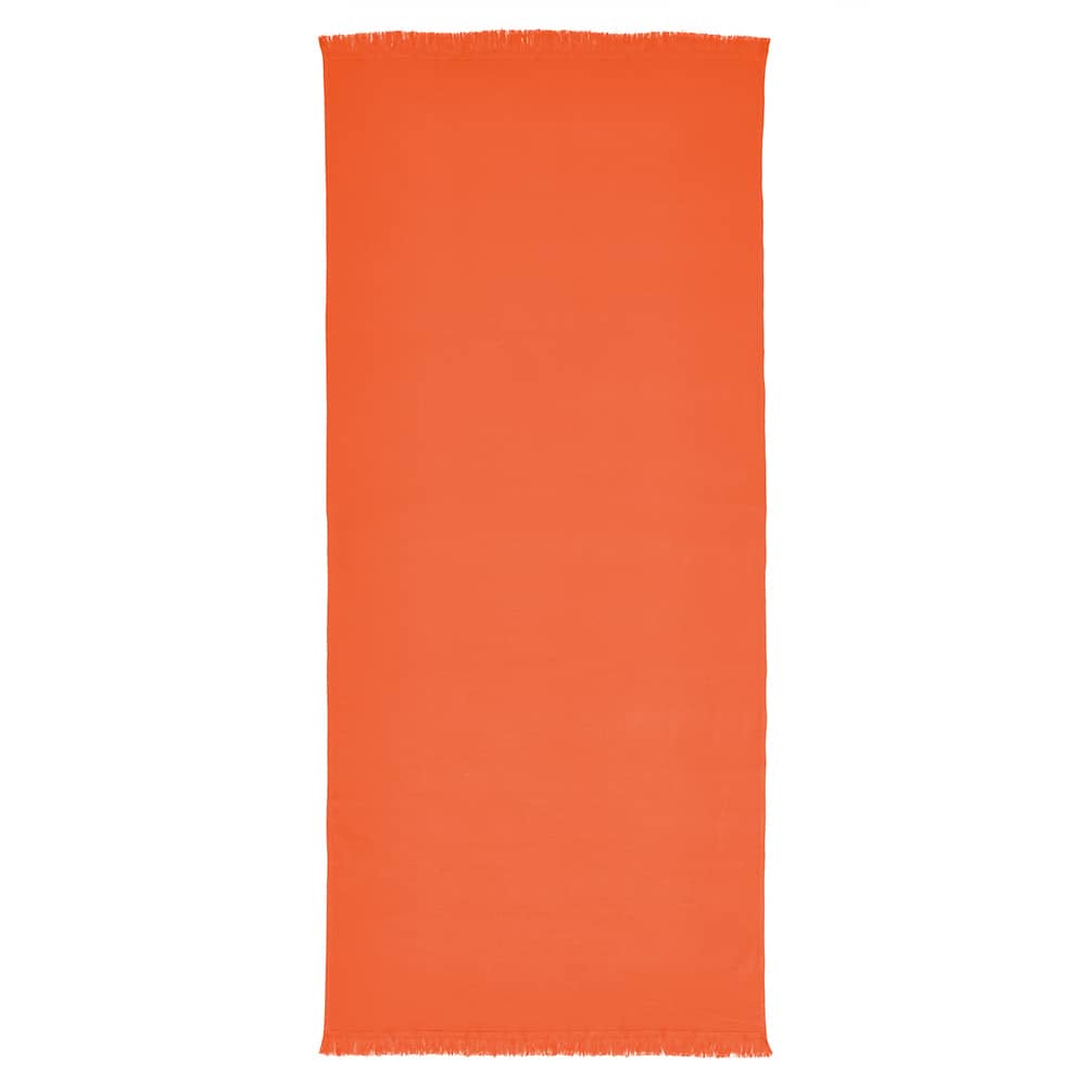 An orange towel with frayed edges, made from 250 gsm cotton in Portugal, featuring a logo.