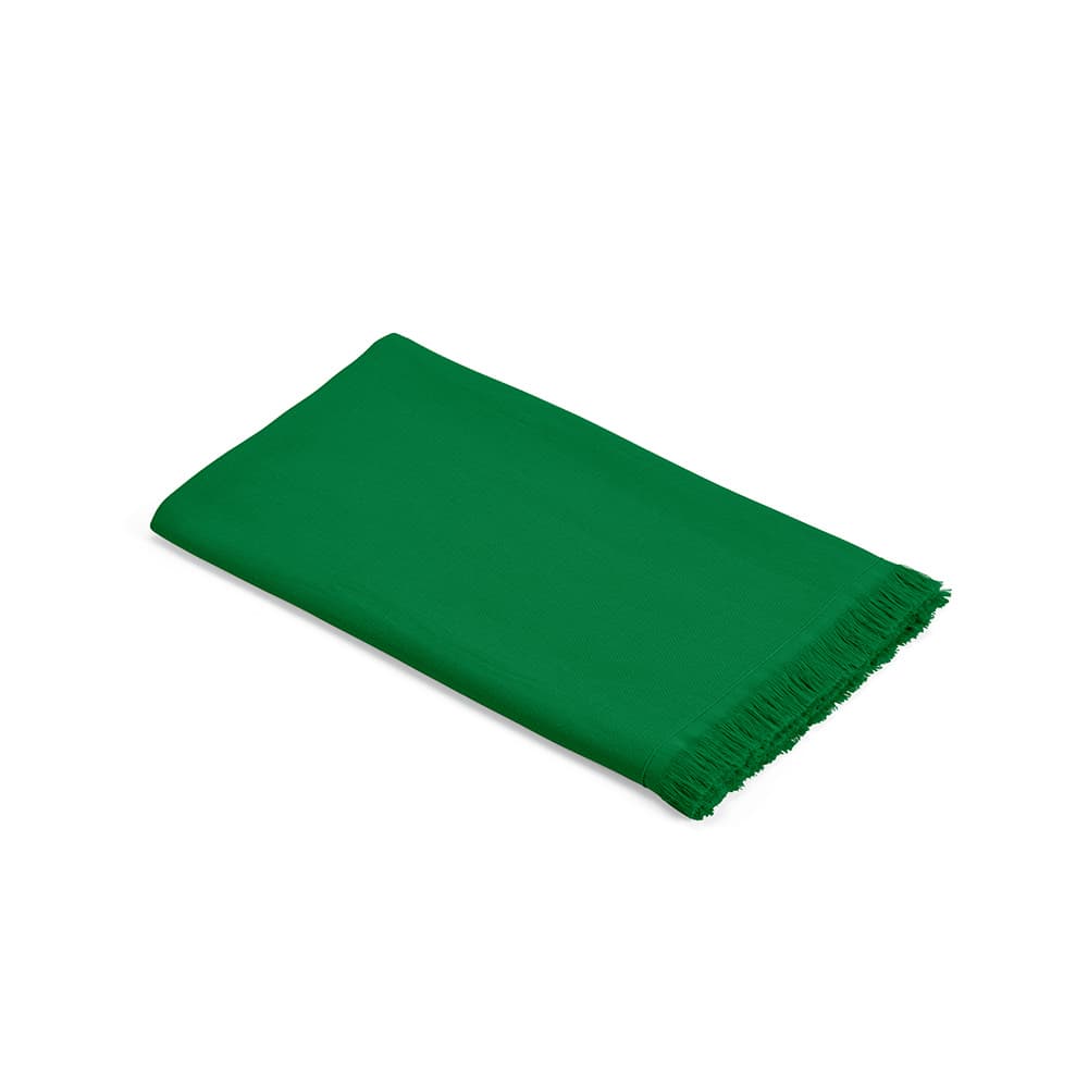 A green towel with fringing, made of cotton and featuring a logo, designed for promotional use.