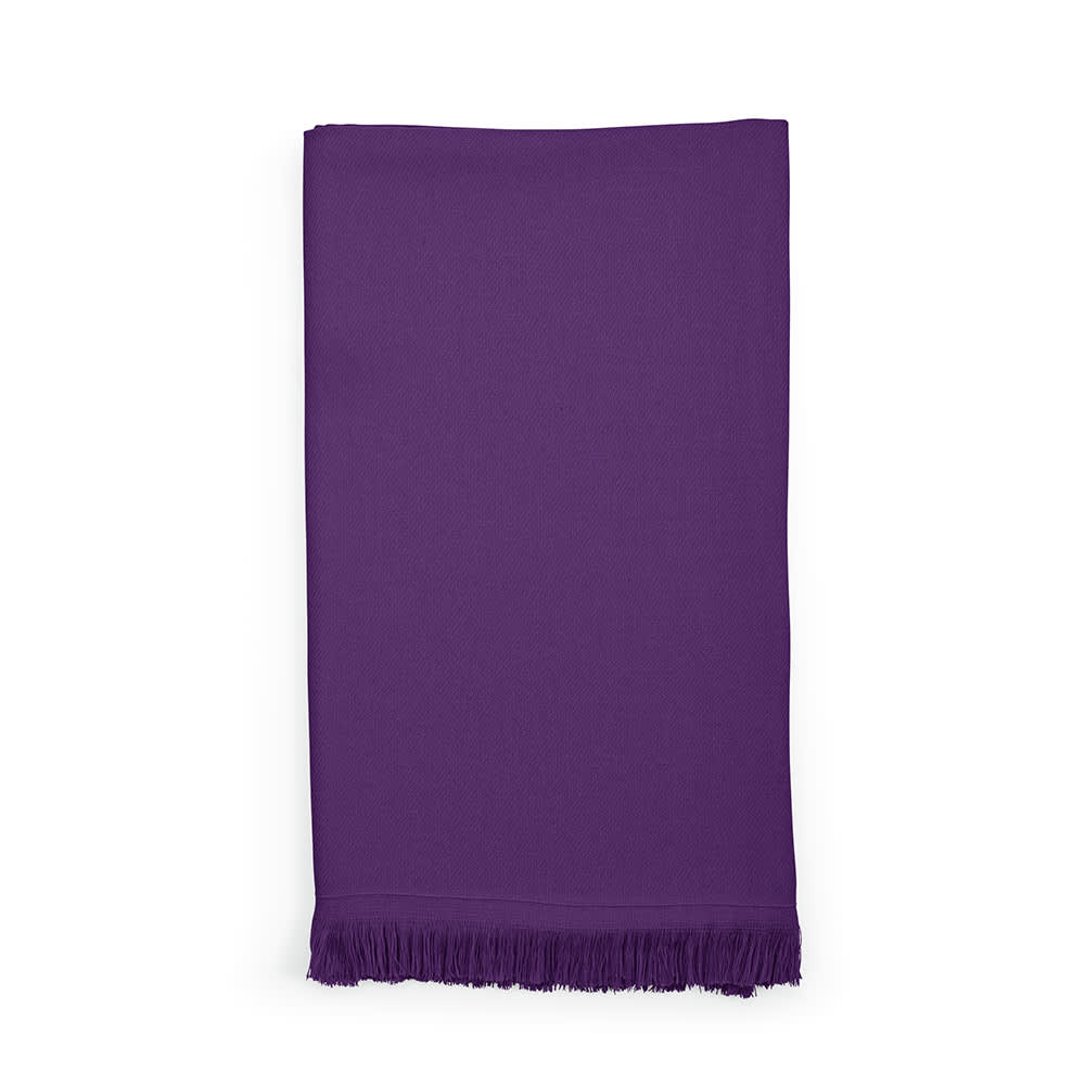 A purple towel with fringed edges, featuring a single-colour design and a logo. Made from cotton, 250 gsm.
