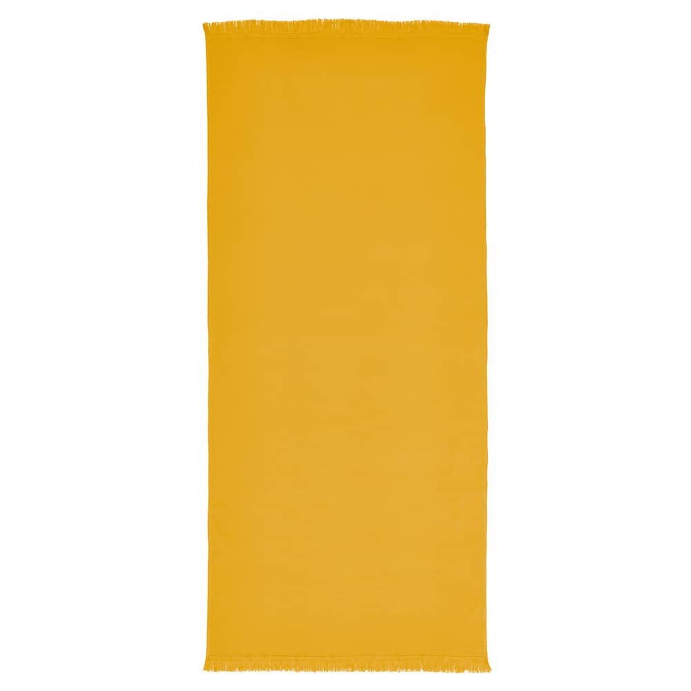 A yellow towel made of 100% cotton, featuring a soft texture and fringed ends. It has a logo branding.