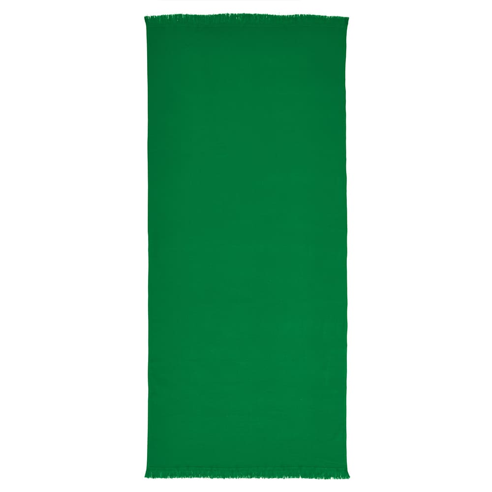 A green towel made of cotton, featuring a plain design with frayed edges. It includes a branding logo.