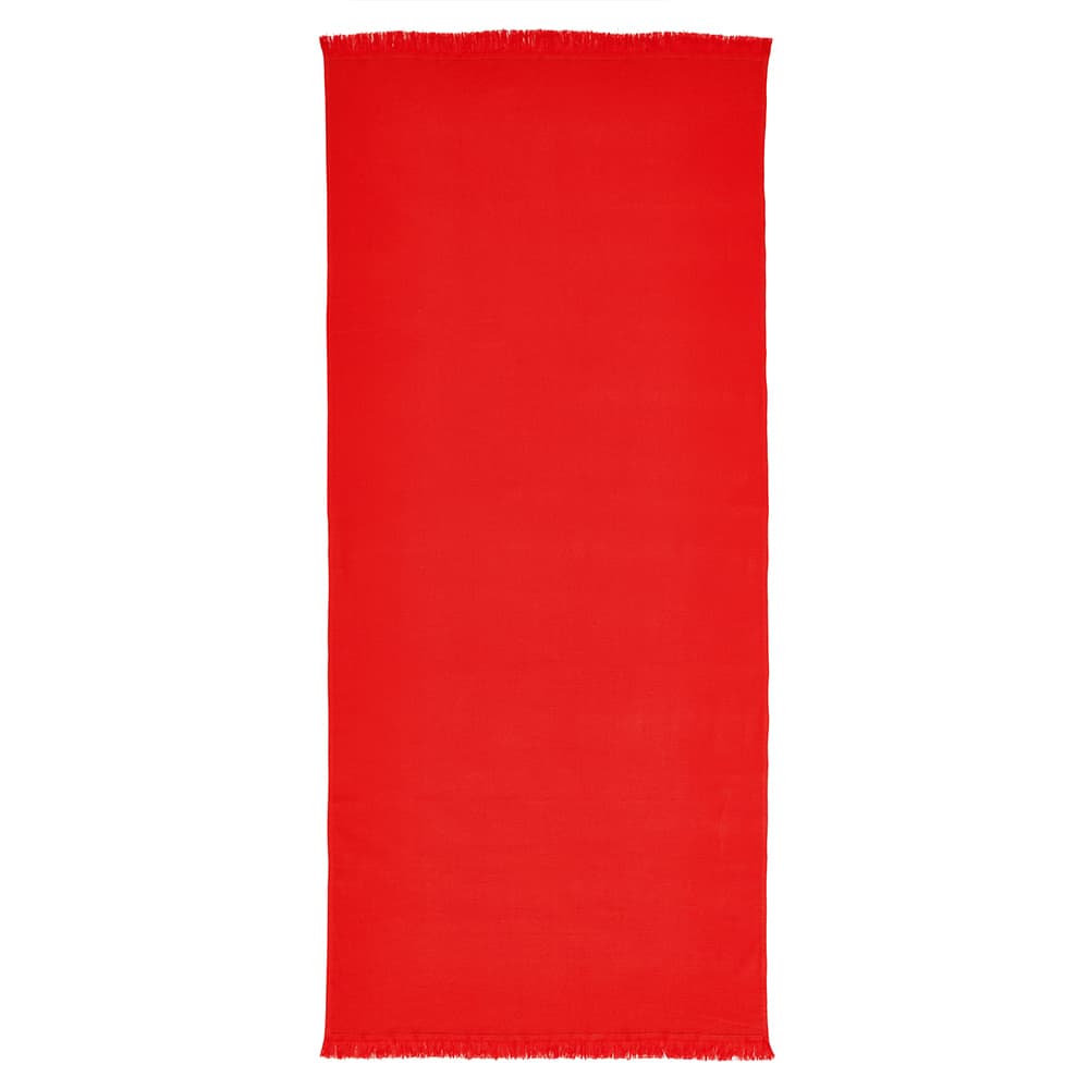 A red towel made from cotton, featuring a frayed edge, with a logo present.