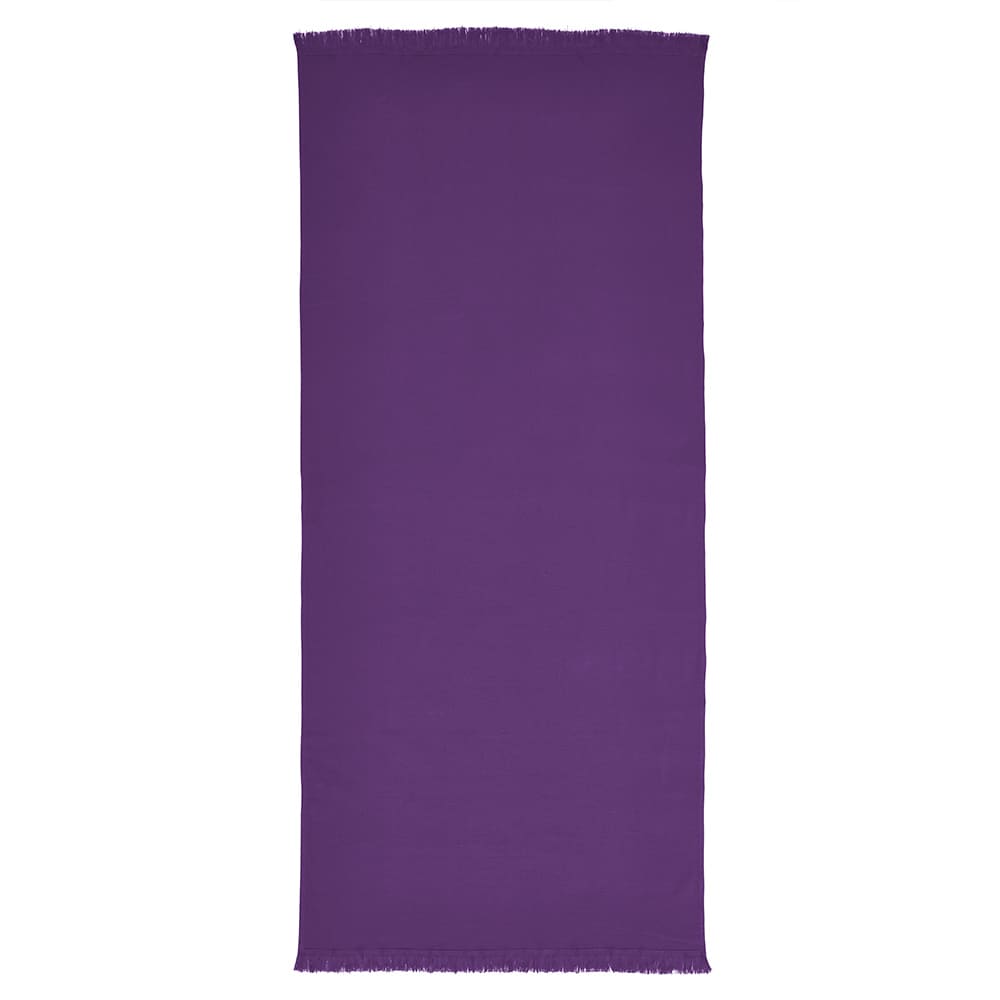 A purple towel with frayed edges, labelled as "Cellini Towel Cotton 250 gsm, Made in Portugal." Features branding.
