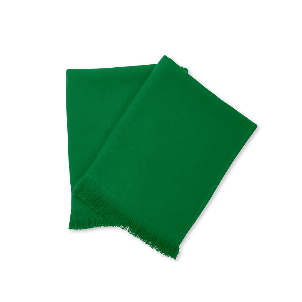 A green towel made of cotton, featuring a fringed edge. The towel is made in Portugal.
