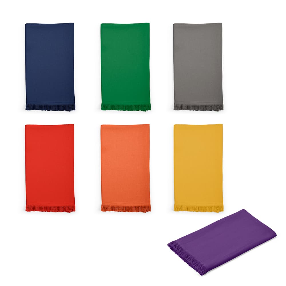 A collection of towels in various colours: green, grey, red, orange, yellow, purple, and blue, featuring fringed edges.
