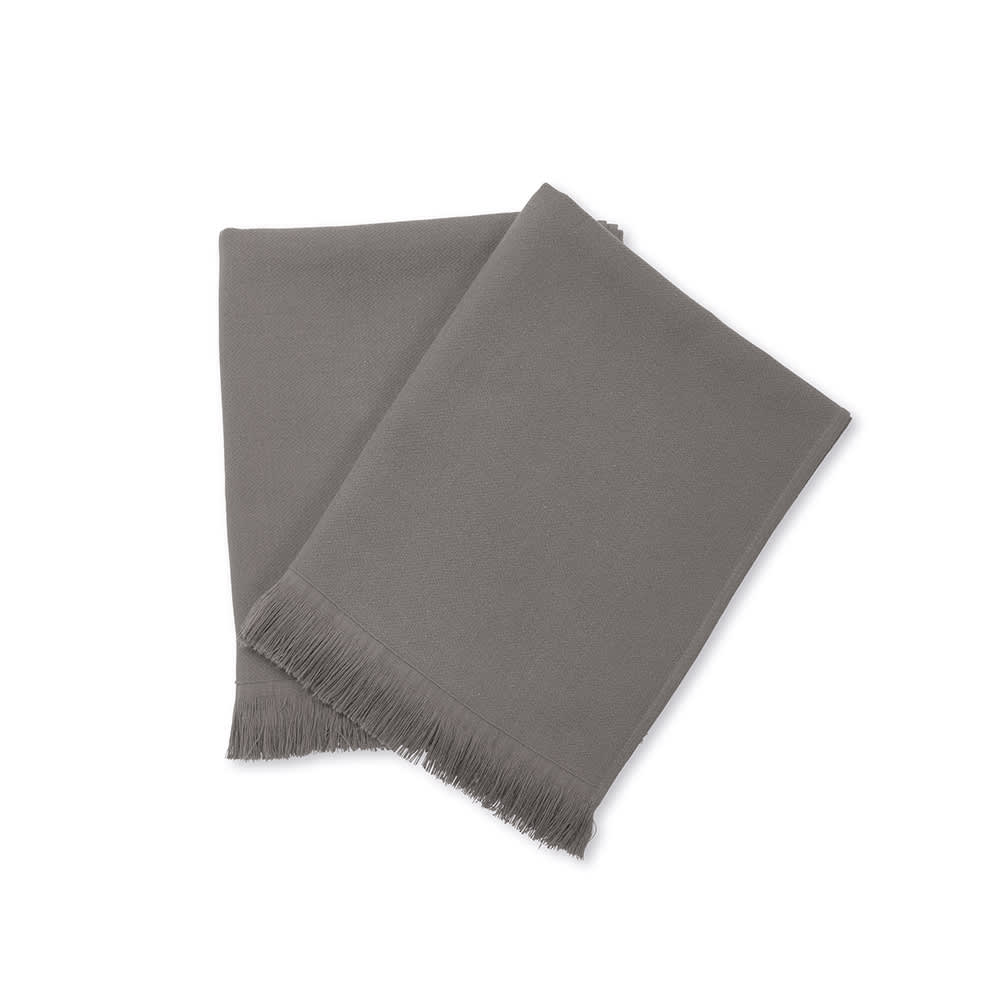 A set of grey cotton towels with a fringed edge, made in Portugal and featuring a logo.