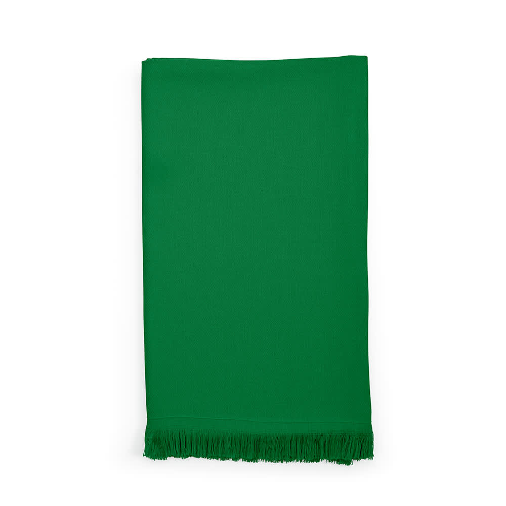 A green Cellini towel made from cotton, featuring a fringed edge. Made in Portugal.