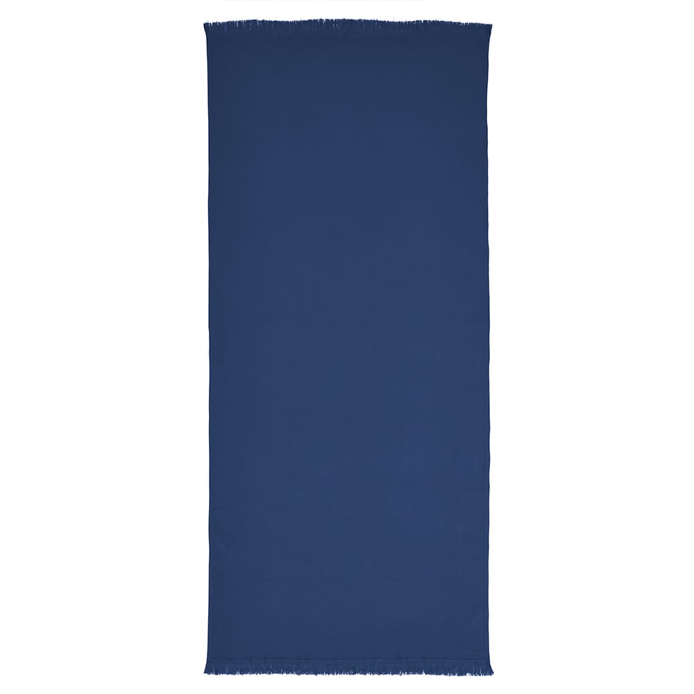 A navy blue towel with a fringed edge made from 250 gsm cotton, featuring a logo.