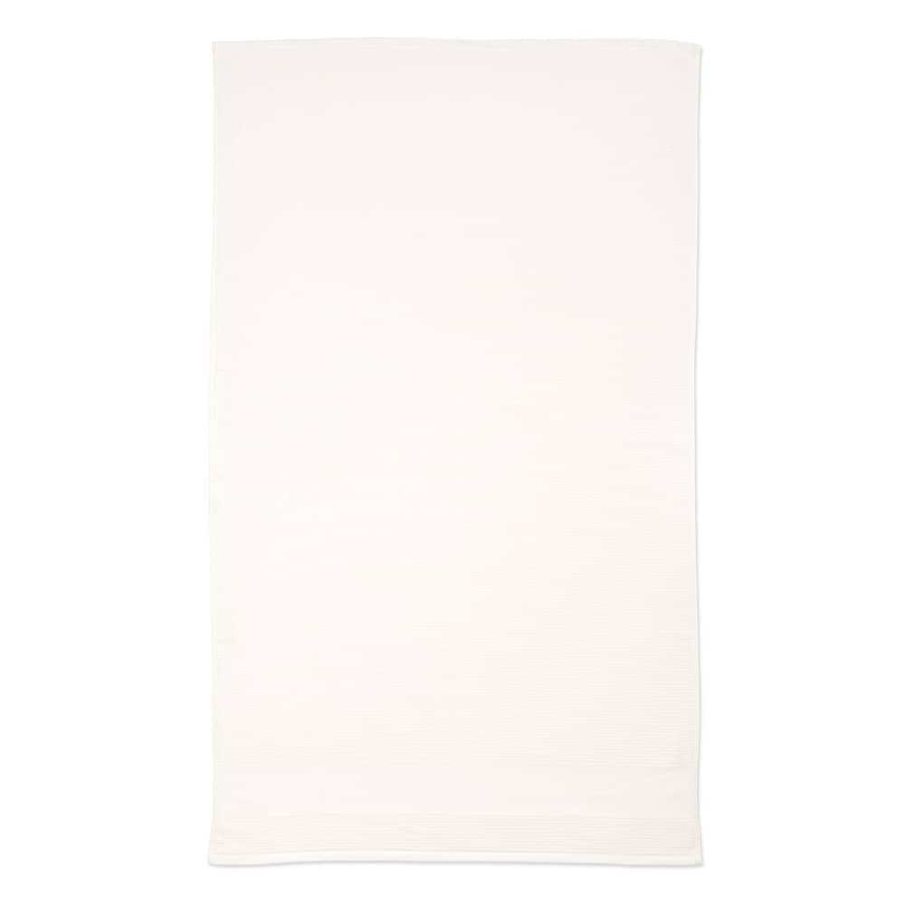 An off-white towel made from recycled cotton, featuring a simple design and a logo.