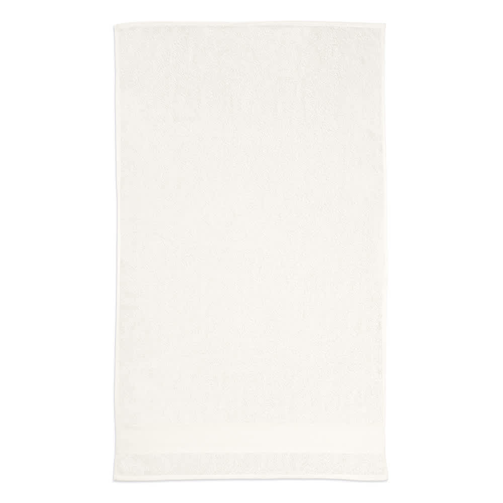 A large white towel made from recycled cotton, featuring a logo. The fabric has a soft texture and substantial weight.