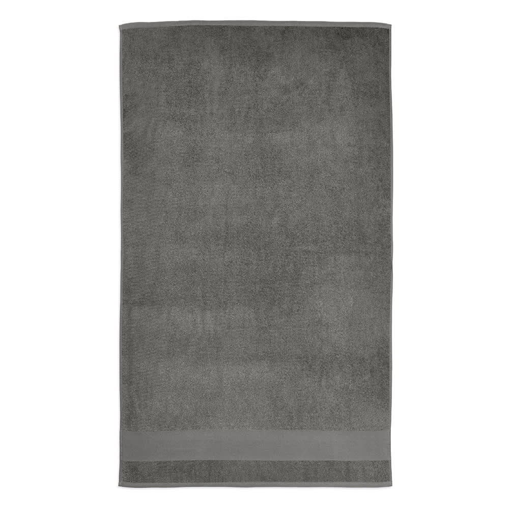 A grey towel made from recycled cotton, featuring a soft texture and a subtle design. It has a logo.