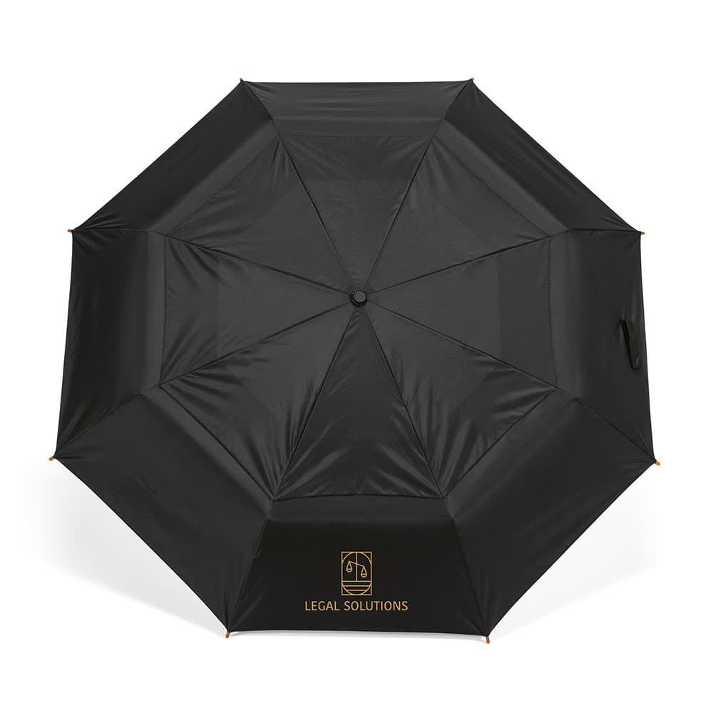 A black foldable umbrella with automatic opening and closing features, featuring a logo on its canopy.