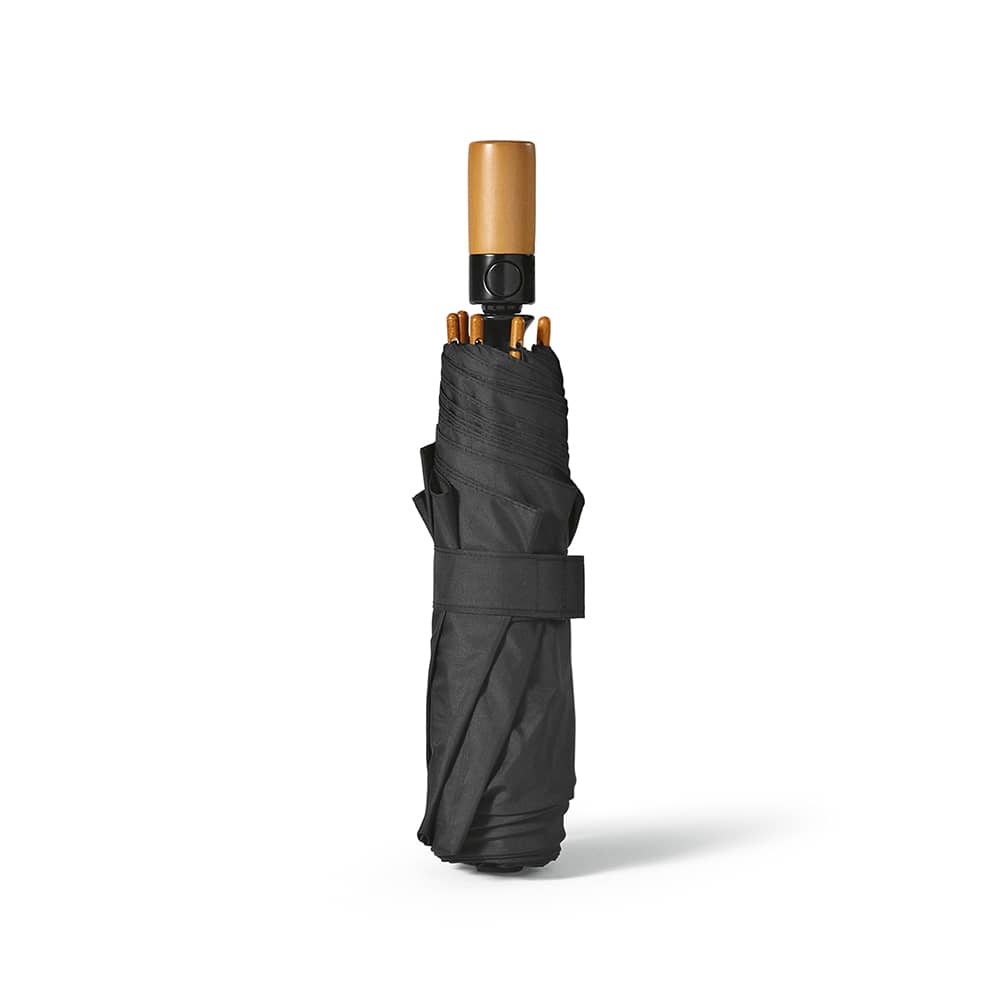 A black foldable umbrella with a wooden handle and automatic opening/closing mechanism. It has a logo on the handle.