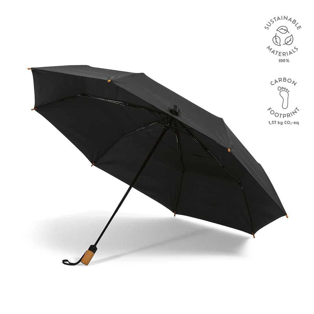 A black foldable umbrella featuring an automatic opening and closing mechanism, with a wooden handle and logo.