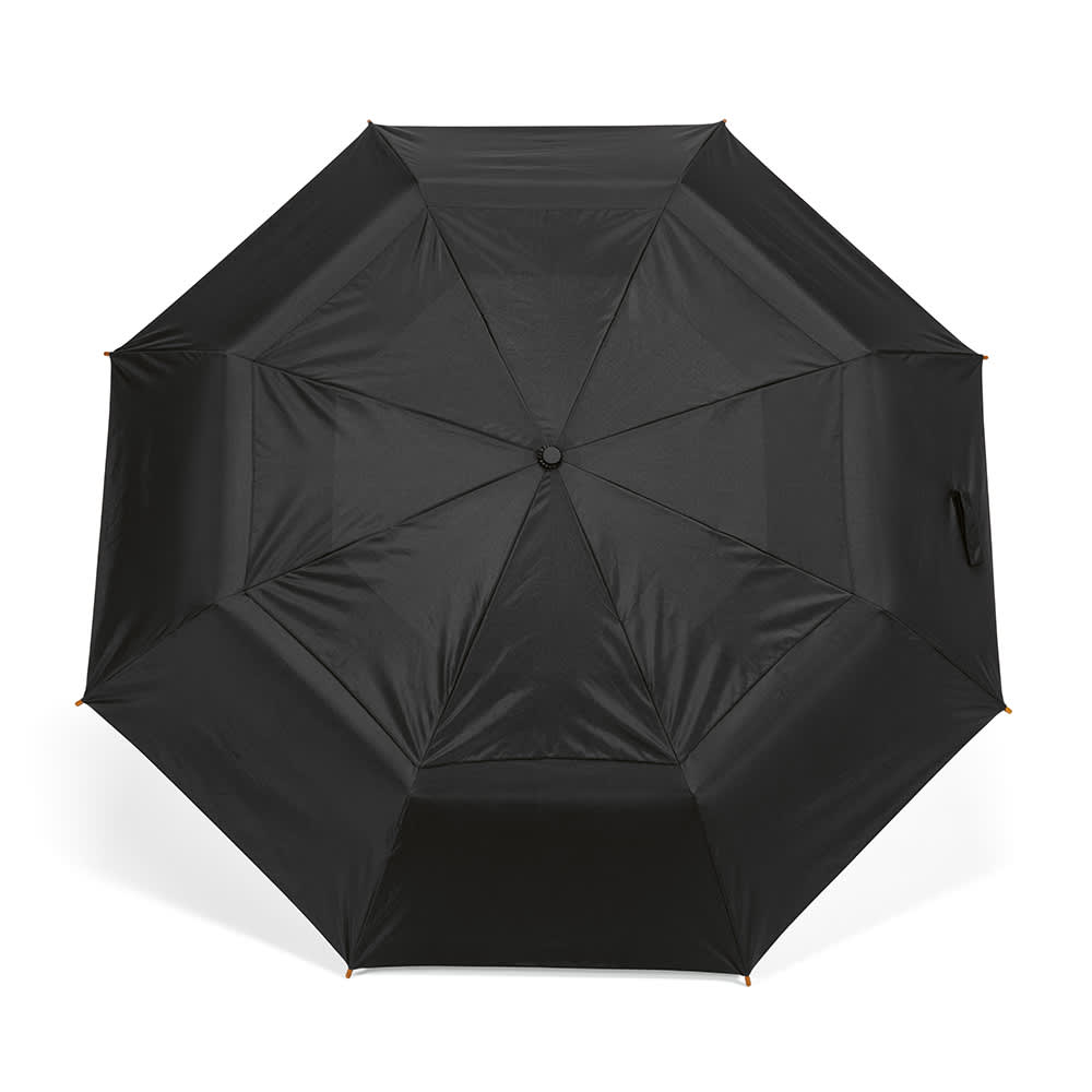 A black foldable umbrella with an automatic opening and closing mechanism, featuring a logo.