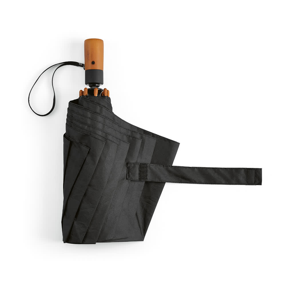 A black foldable umbrella with an automatic opening/closing feature and wooden handle, featuring a logo.