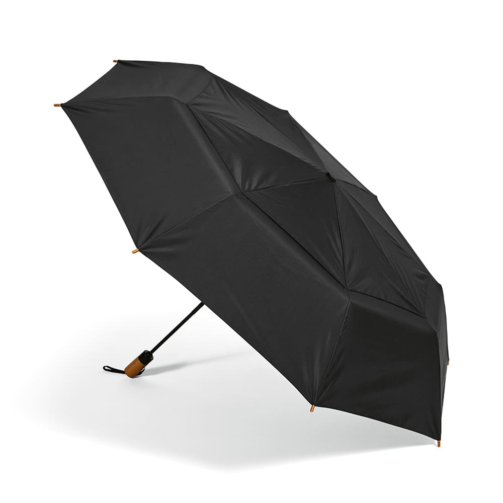 A black foldable umbrella with automatic opening and closing features, showcasing a minimalist design.