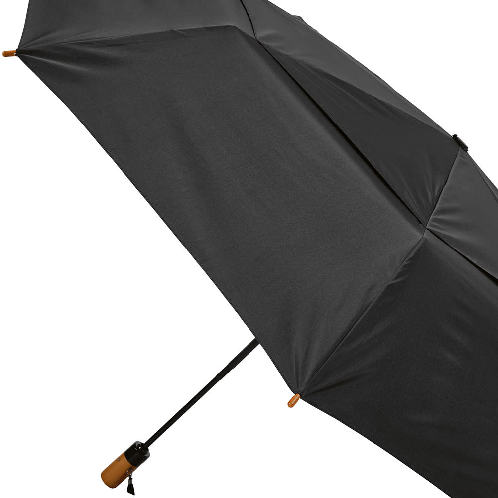 A foldable black umbrella with automatic opening and closing, featuring a wooden handle and a branding logo.