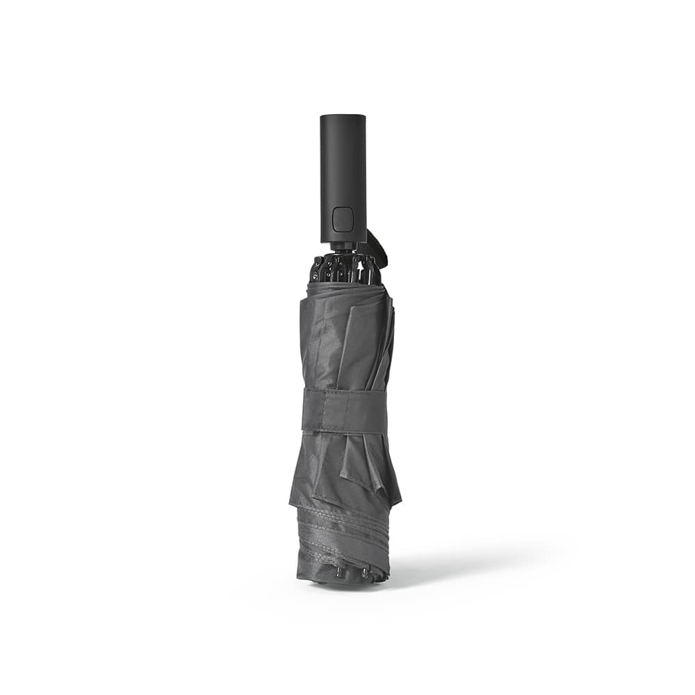 A grey foldable umbrella with a black handle, featuring a reversible closing mechanism. It has a branding logo.
