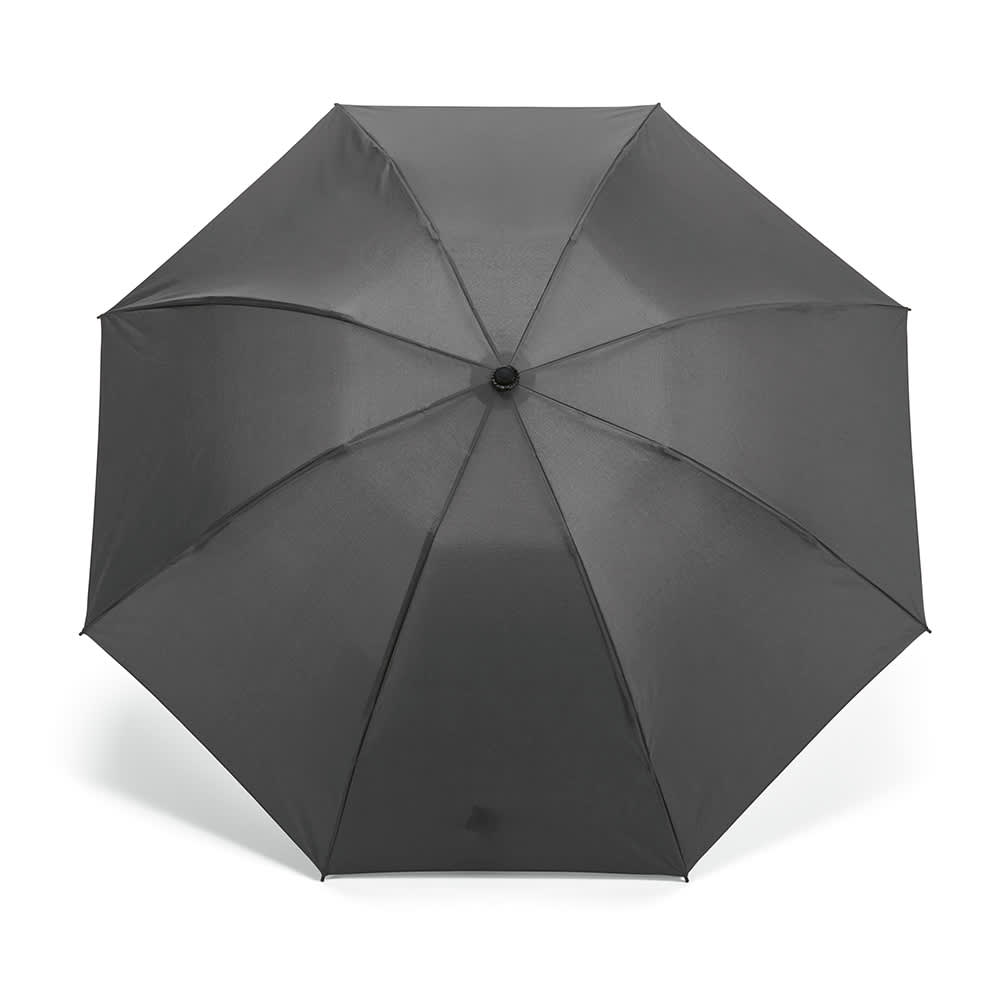 A foldable, reversible umbrella in matte black with a central knob and a branding logo.