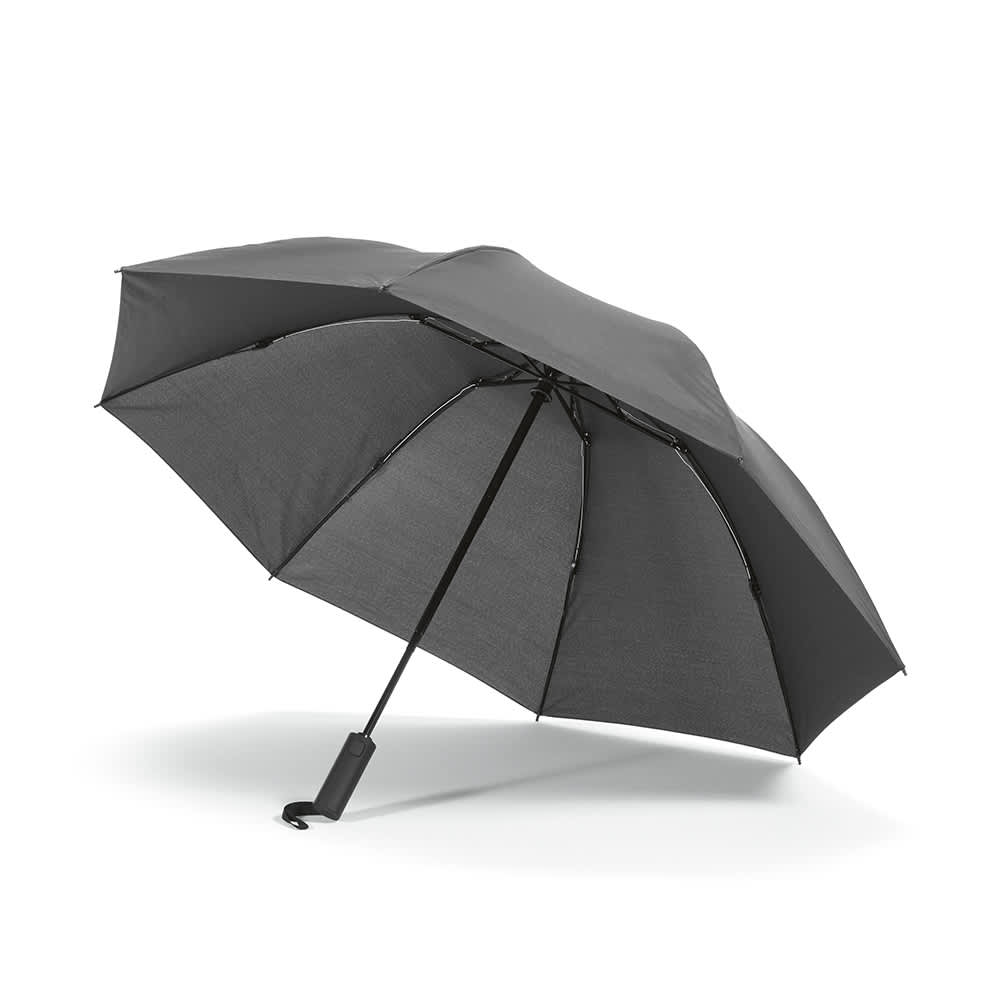 A foldable, reversible closing umbrella in grey with a sleek design and a branding logo.