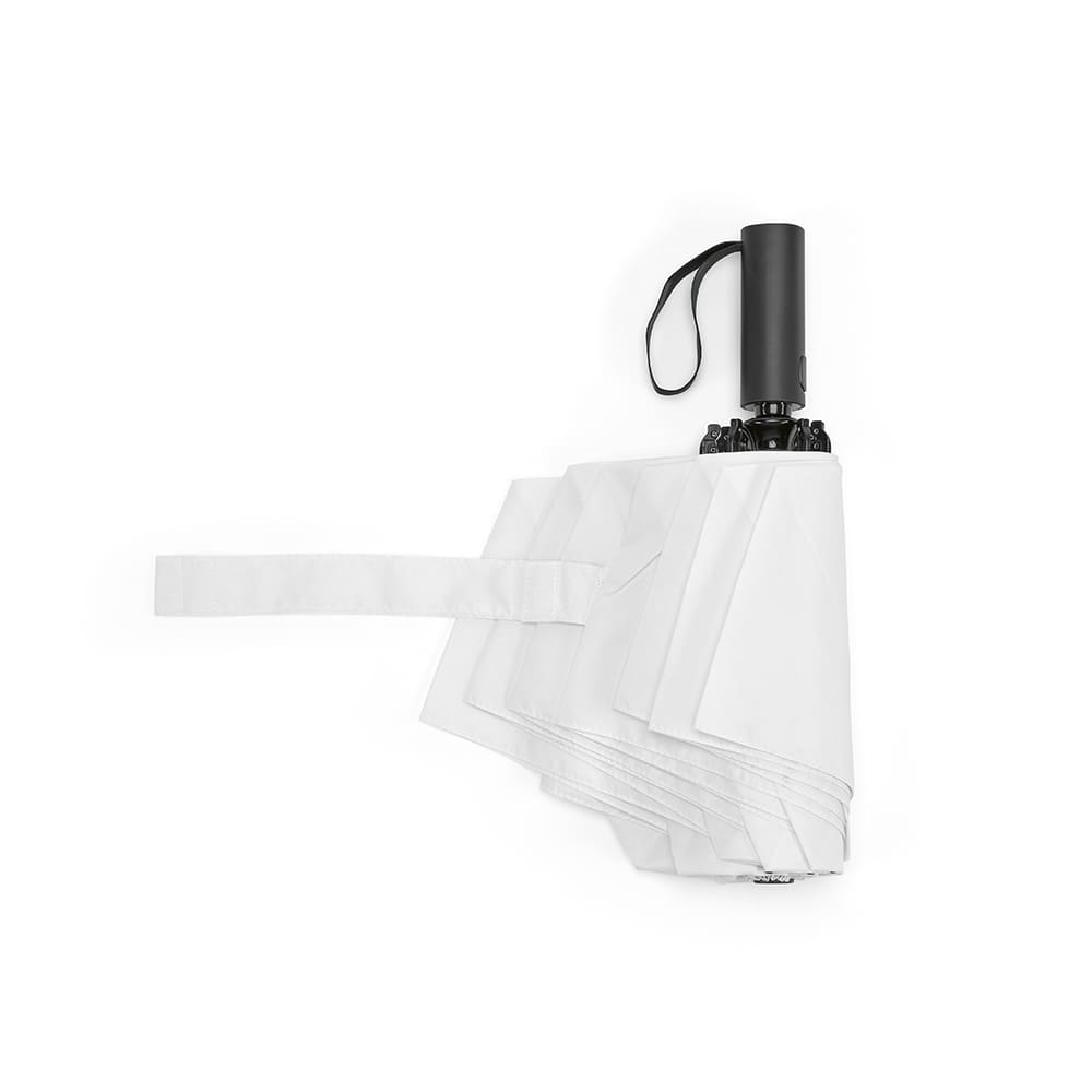 A foldable and reversible umbrella in white with a black handle and strap. It features a logo on the handle.