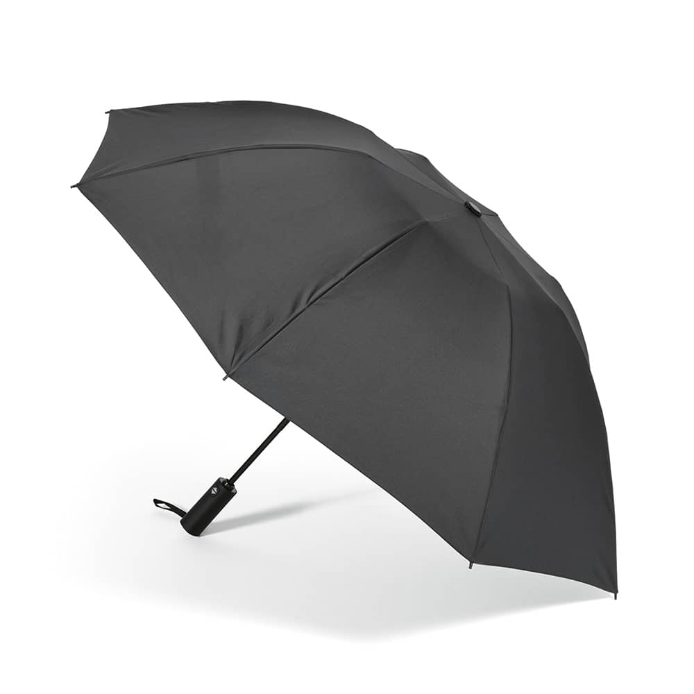 A foldable, reversible black umbrella with a sleek design and a handle featuring a logo.