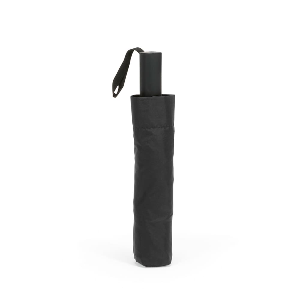 A black foldable umbrella with a reversible closing mechanism, featuring a carrying strap.